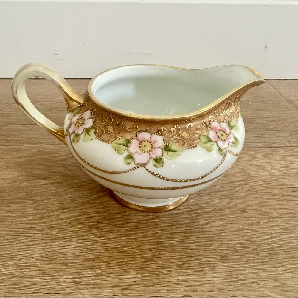 Antique 1910 Handpainted RC Nippon Porcelain Pitcher Creamer Gold beads Flowers‎